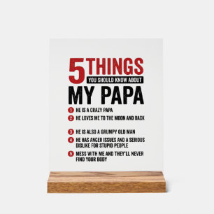 5 Dinge über meinen Papa Lustiges Vintage-Shirt-De Acrylschild