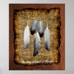 5 Feathers on Parchment Native American Wisdom Poster