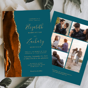 5-Foto Burnt Orange Gold Agate Aquamarin Wedding Einladung