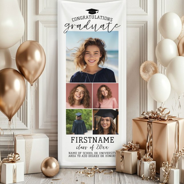 5 Foto Collage Abschluss Moderner Minimaler Weißer Banner (Custom Graduation Photo Banner - Great backdrop and Graduation Party Decoration)