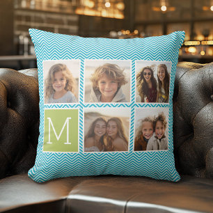 5-Foto-Collage - Aqua-Blau und Limette-Monogramm Kissen