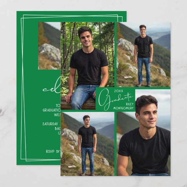 5 Foto-Collage Grüne Abschlussfeier Einladung (Vorne/Hinten)