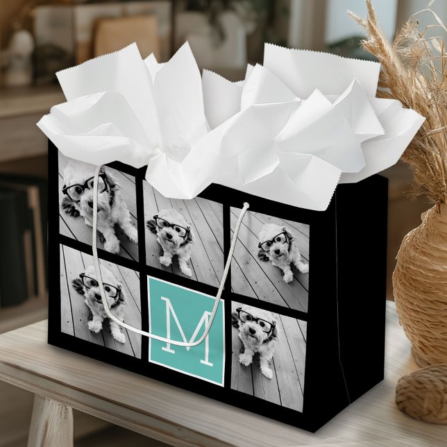 5 Foto Collage Monogram Schwarz und Aquamarin Große Geschenktüte (Custom Gift Bag)