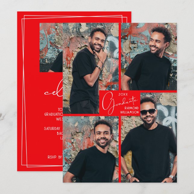 5 Foto-Collage Rote Abschlussfeier Einladung (Vorne/Hinten)