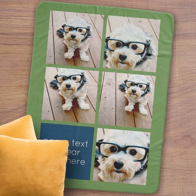 5 Foto Collage und Textfarbblock - blau grün Sherpadecke (Personalized sherpa blanket with photos and text)