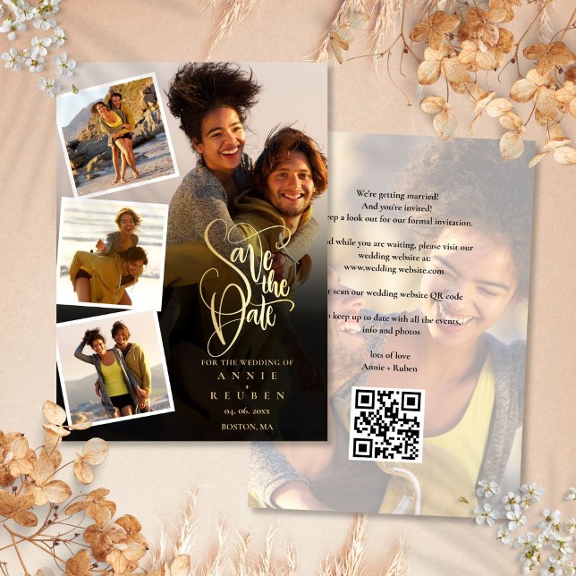 5 Foto Collage Wedding Gold Script QR Code Save The Date (5 Photo Collage Wedding Gold Script QR Code Save The Date)