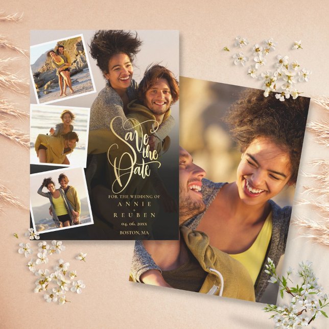 5 Foto Collage Wedding Gold Script Save The Date (Von Creator hochgeladen)