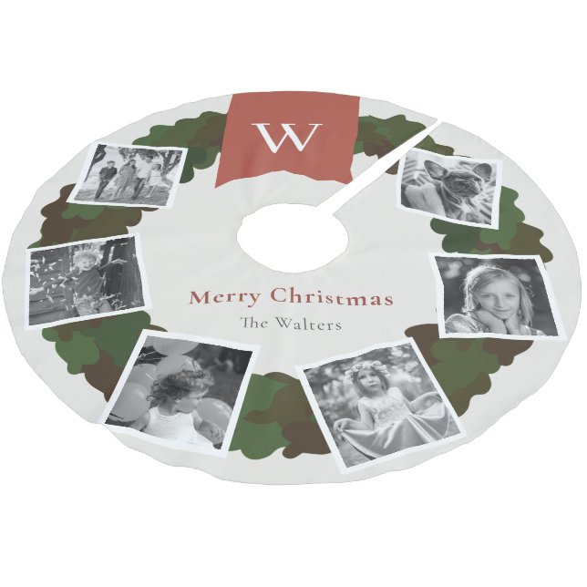 5 Foto Collage Wreath Monogram Burgundy Polyester Weihnachtsbaumdecke (Schrägansicht)