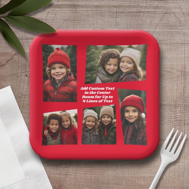 5 Foto Funky Retro Frame mit Text - Rot Pappteller (Personalized Christmas party plates with a photo collage and text)