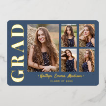 5 Foto Grad Collage Dusty Blue & Gold Foil Card