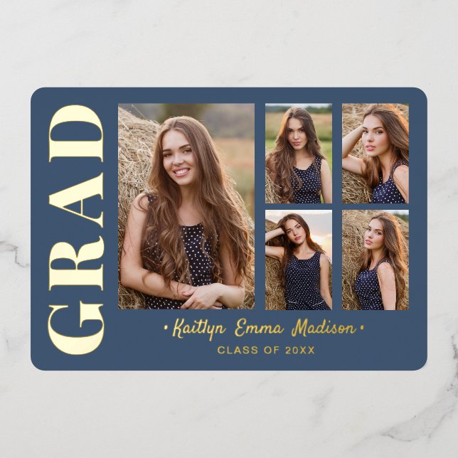 5 Foto Grad Collage Dusty Blue & Gold Foil Card Folieneinladung (Vorderseite)