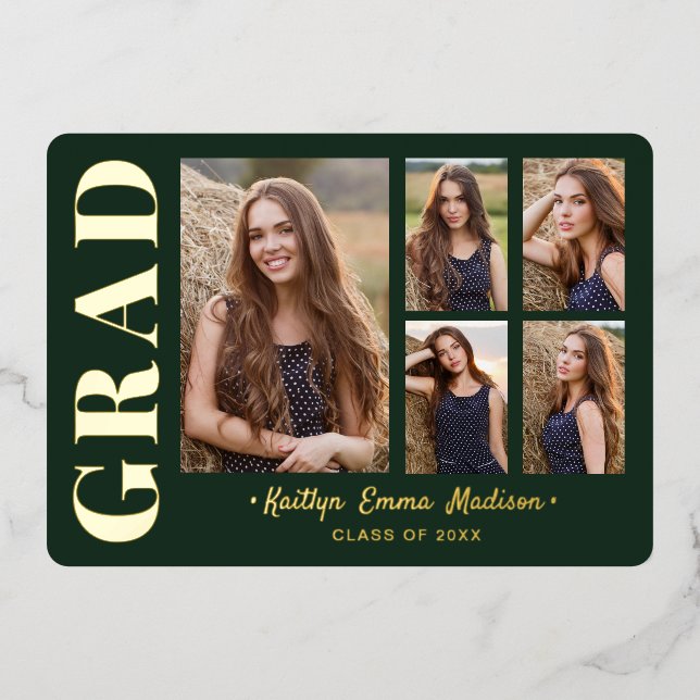 5 Foto Grad Collage Green & Gold Foil Card Folieneinladung (Vorderseite)