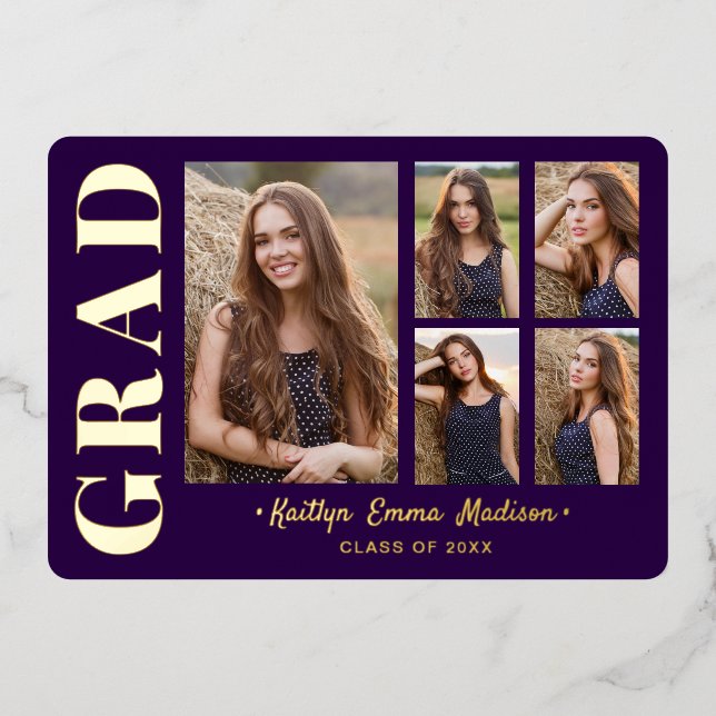 5 Foto Grad Collage Lila & Gold Foil Card Folieneinladung (Vorderseite)