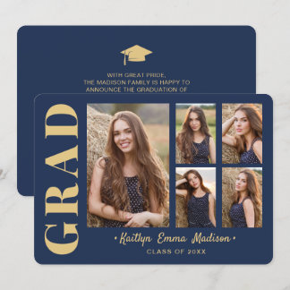 5 Foto Grad Collage Modernes Drehbuch Navy Blue Go Ankündigung