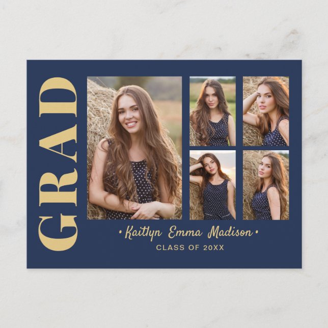 5 Foto Grad Collage Modernes Drehbuch Navy Blue Go Postkarte (Vorderseite)
