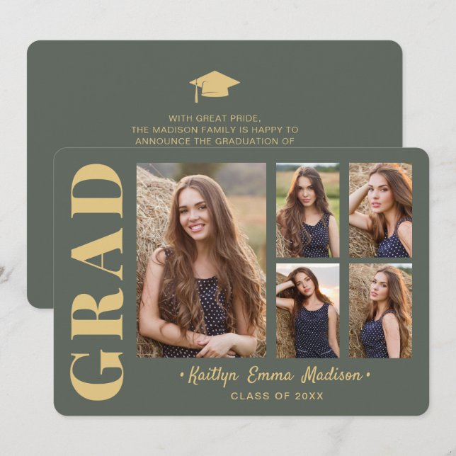 5 Foto Grad Collage Modernes Drehbuch und Gold Ankündigung (Vorne/Hinten)