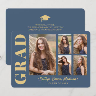 5 Foto Grad Collage Modernes Script Blau und Gold Ankündigung