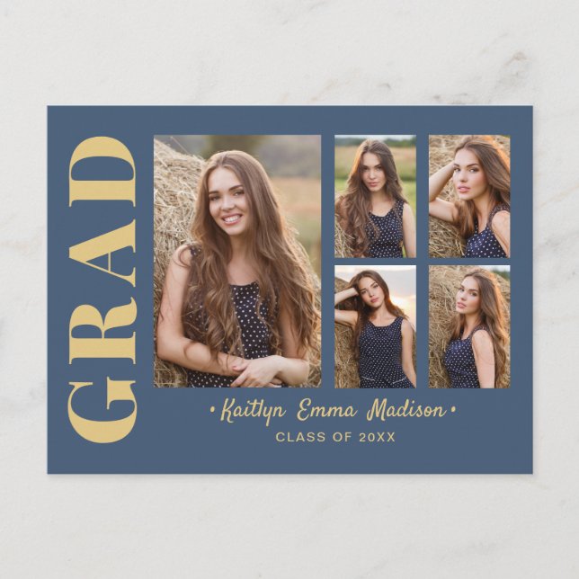 5 Foto Grad Collage Modernes Script Blau und Gold Postkarte (Vorderseite)