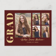 5 Foto Grad Collage Modernes Script Rot und Gold