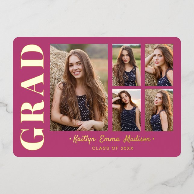 5 Foto Grad Collage Pink & Gold Foil Card Folieneinladung (Vorderseite)