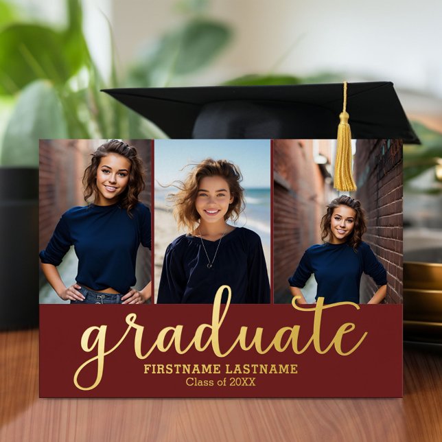5 Foto Graduation Party Modernes Script Gold Folieneinladung (Graduation announcement and invitation with multiple photos)