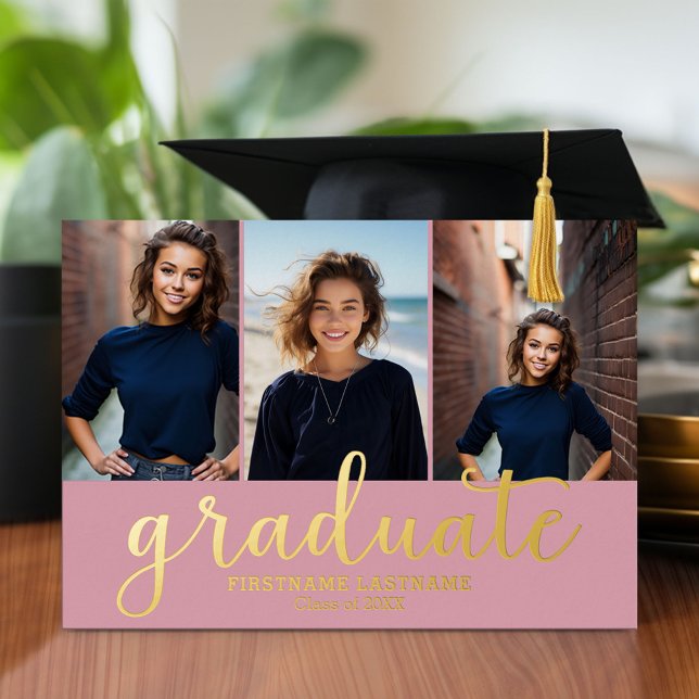 5 Foto Graduation Party Modernes Script Gold Folieneinladung (Graduation announcement and invitation with multiple photos)