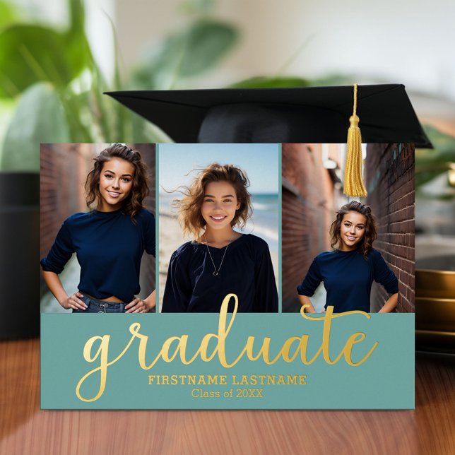5 Foto Graduation Party Modernes Script Gold Real Folieneinladung (Graduation announcement and invitation with multiple photos)