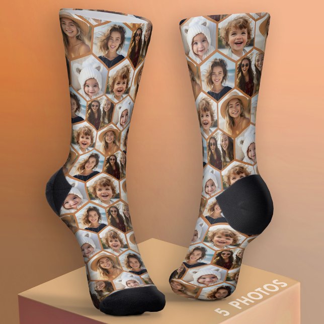 5 Foto Hexagon Honeycomb Muster Collage Socken (Custom Photo Socks)