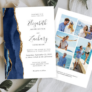 5-Foto Navy Blau Gold Achat Hochzeit Einladung