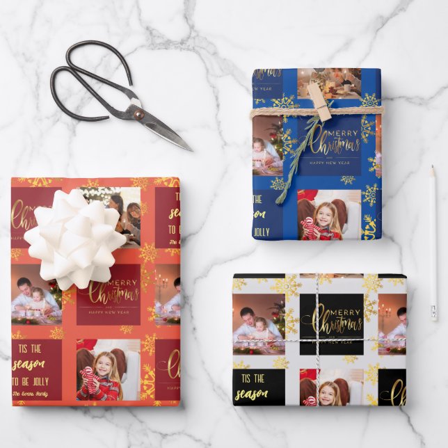 5 Foto Red Blue Black Frohe Weihnachten. Geschenkpapier Set (Vorderseite)