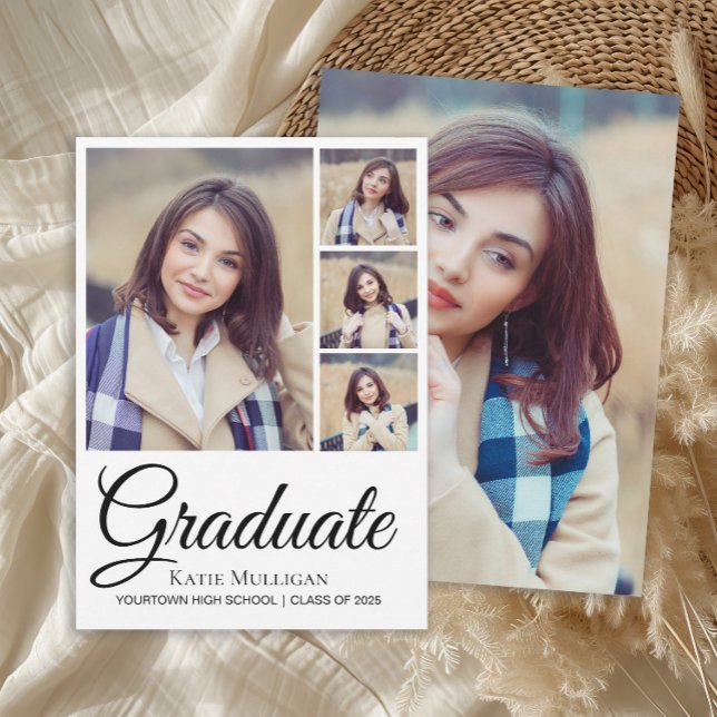 5 Foto Script bearbeitbarer Hintergrund Abschluss Ankündigung (5-photo graduation announcement for high school or college graduates.)