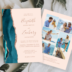 5-Foto Teal Blau Roségold Achat Rosa Hochzeit Einladung