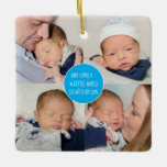 5 Foto von Family A Little World Created By Love B Keramikornament<br><div class="desc">A lovely keepsake and gift with its klebof 4 square fotos on the front, and the inspiring quote Our Family A Little World Created By Love in the center within a blue circle. Wir sind auf dem Rückweg, auf dem Single Square Crop-Foto-Square, The Whole Space with your names at the...</div>