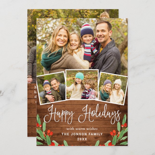 5 FOTO Weihnachten Rustikales Braun Holz Gruß (Vorne/Hinten)