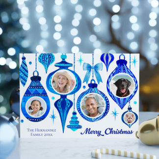 5 Foto Weihnachts Baubles Blue Watercolor Familie Feiertagskarte