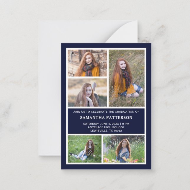 5 Fotocollage Navy & White Abschluss Zeremonie Mitteilungskarte (Vorderseite)