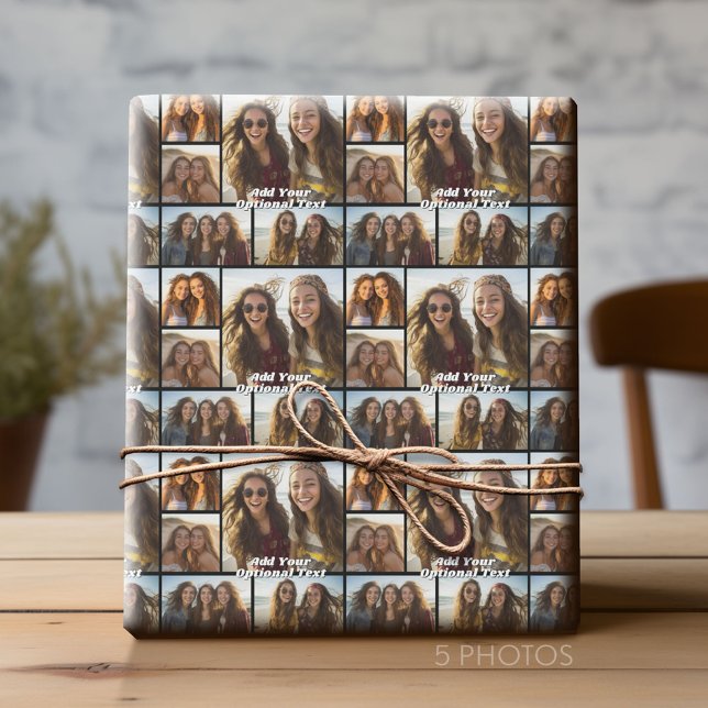5 Fotocollage Optionaler Text — Schwarz bearbeiten Geschenkpapier (Custom Photo Collage Wrapping Paper - All Occasion)