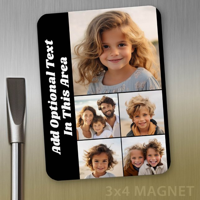 5 FotoCollage Optionaler Text - Schwarz bearbeiten Magnet (Personalized fridge magnet - add photos and custom text)
