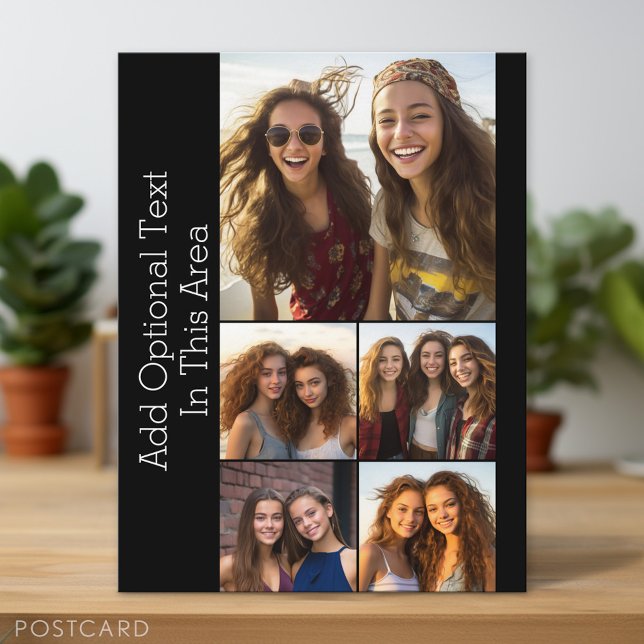 5 FotoCollage Optionaler Text - Schwarz bearbeiten Postkarte (Personalized Photo Postcard)