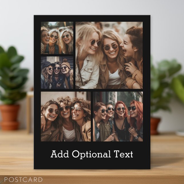 5 Fotocollage Optionaler Text — Schwarz bearbeiten Postkarte (Personalized Photo Postcard)