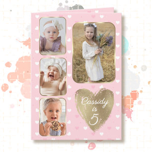 5. Geburtstag 4 Bilder Collage Gold Rosa Herzen Karte