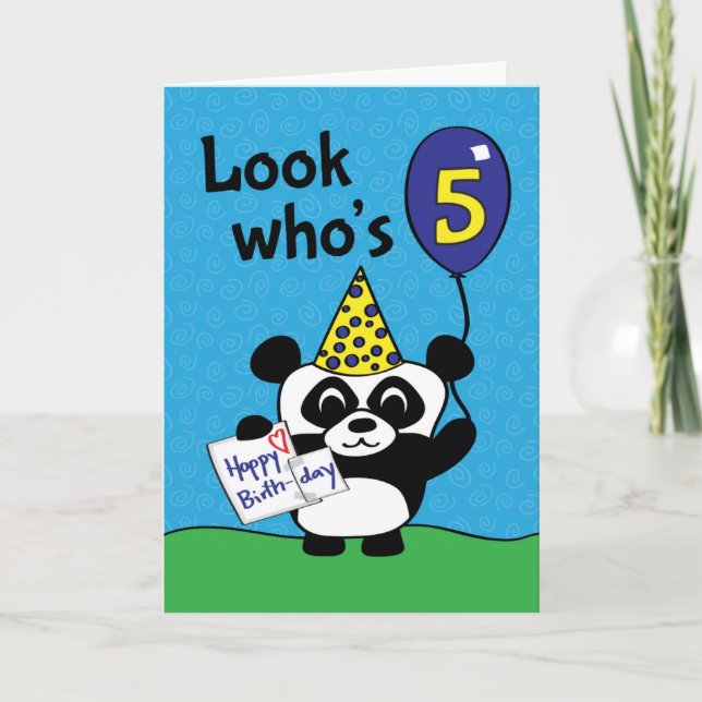 5. Geburtstag - Boy Panda mit Balloon & Card Karte (Vorderseite)