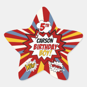 5. Geburtstag Boy Superhero Comic mit Name Stern-Aufkleber