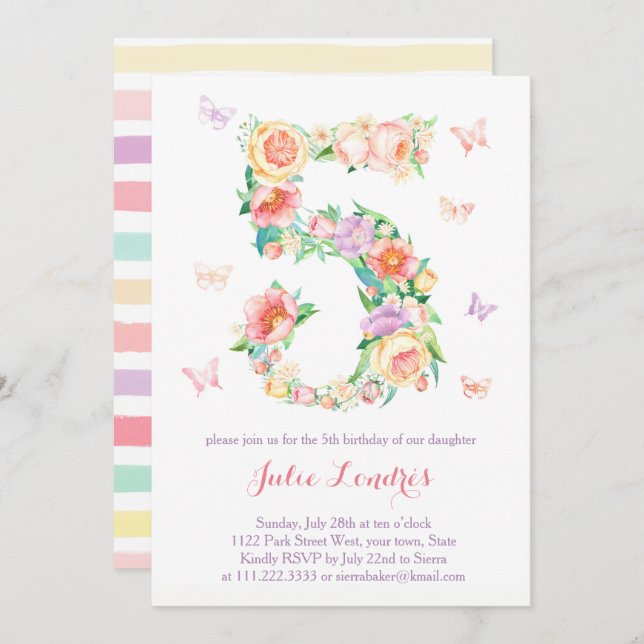 5. Geburtstag Einladungen für Mädchen mit Schmette (Vorne/Hinten)