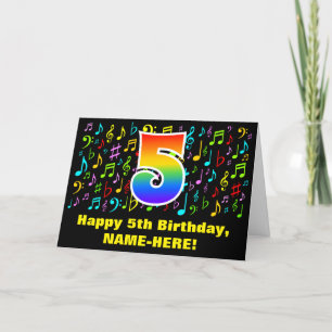 5. Geburtstag - farbenfrohe Musiksymbole & Regenbo Karte