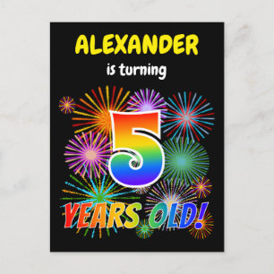 5. Geburtstag - Fun Fireworks, Regenbogen Look "5" Postkarte