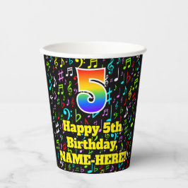5. Geburtstag: Fun Musiknotens Pattern, Regenbogen Pappbecher