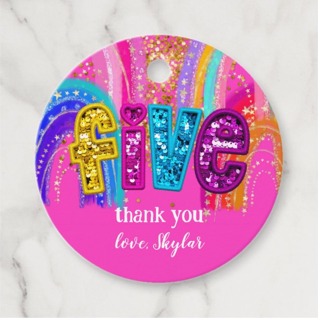 5. Geburtstag Hot Pink Rainbow Sequin Girl Geschenkanhänger (Vorderseite)