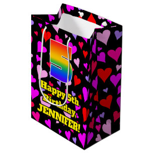 5. Geburtstag: Liebes Herz Muster, Regenbogen # 5 Mittlere Geschenktüte