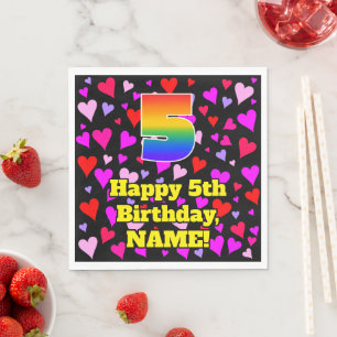 5. Geburtstag: Liebes Herz Muster, Regenbogen # 5 Serviette